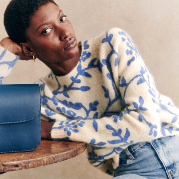 Like New Sezane Pelagie Floral Wool Mohair Floral Sweater Ecru Blue XL - Picture 2 of 8